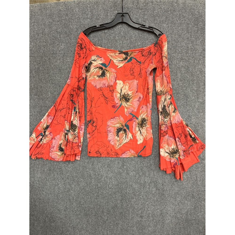 Free People We The Free Orange Floral Off Shoulder Bell Sleeve Top XS